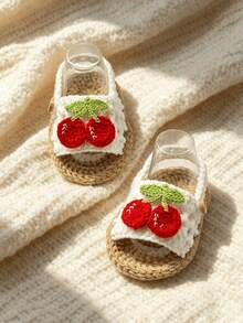 1 Pair Handmade Crochet Infant Sandals With Cherry Applique, White And Tan, Infant Summer Shoes - White - View 4