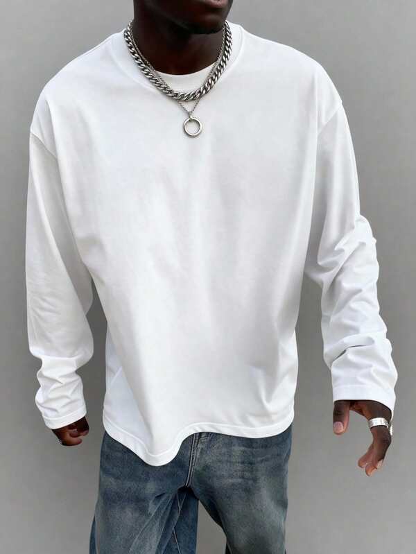 Men's Classic Solid Color Crew Neck Long Sleeve T-Shirt, All-Season Wear, Essential Long Sleeve For Autumn/Winter Wardrobe
