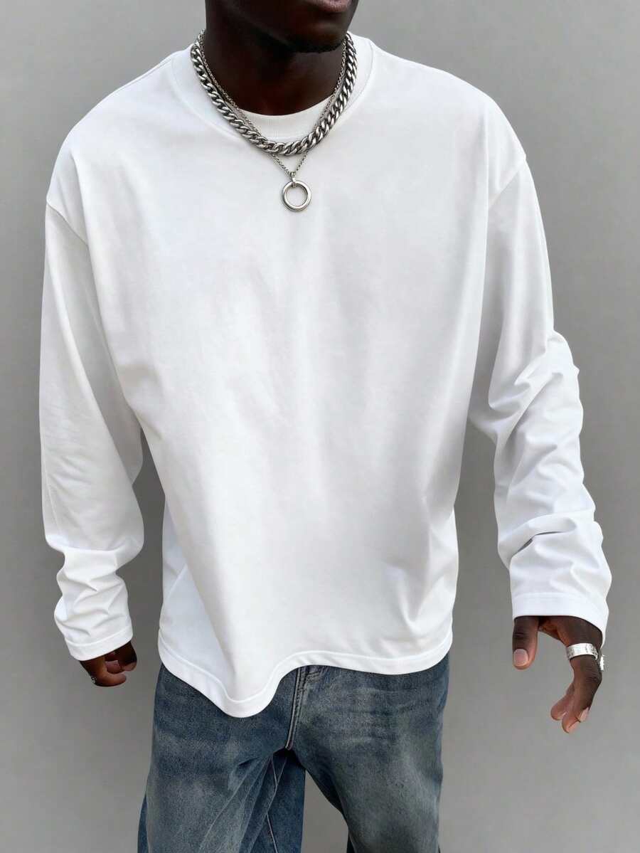 Men's Classic Solid Color Crew Neck Long Sleeve T-Shirt, All-Season Wear, Essential Long Sleeve For Autumn/Winter Wardrobe