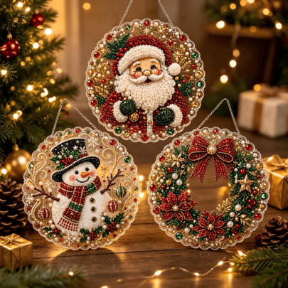 3 Packs Christmas Round Diamond Art Hanging Wreath Decor, Crystal Rhinestone Wall Plaques With Santa Claus, Reindeer & Christmas Tree Designs, Winter Holiday Indoor Window Door Wall Hanging Decorations For Xmas Party