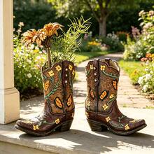 1pc Resin Hand-Painted Floral Tall Boot Vase Craft - Vintage Western Cowboy Boot Shaped Dried Flower Container - Home Entryway Living Room Decor - Creative Gift For Family And Friends Christmas Holiday Decoration Accessory - Boot Vase - View 2