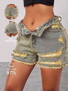 Rave Y2K Street-Style Seitentasche Elastischer Bund Klassisch Anliegende Denim Mini Cargo Shorts Set, Frühling/Sommer Lässig - Grau - Übersicht 1