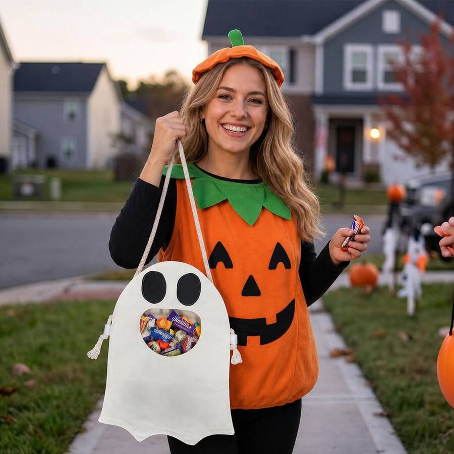1pc Halloween Ghost Candy Bag, DIY Halloween Trick Or Treat Tote Bag With Scary Ghost Pattern, Suitable For Halloween Party Candy Collection And Holiday Decoration - Multicolor - View 1