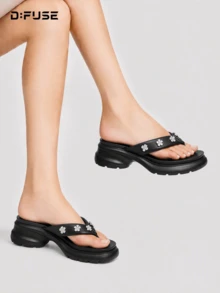 D:FUSE Women's Crystal Floral Decor Thin Strap Open Toe Slip-On Platform Sandals, Sweet Style, Comfortable For Summer Daily Beach Vacation Wedding, Black Genuine Leather - Black - View 8