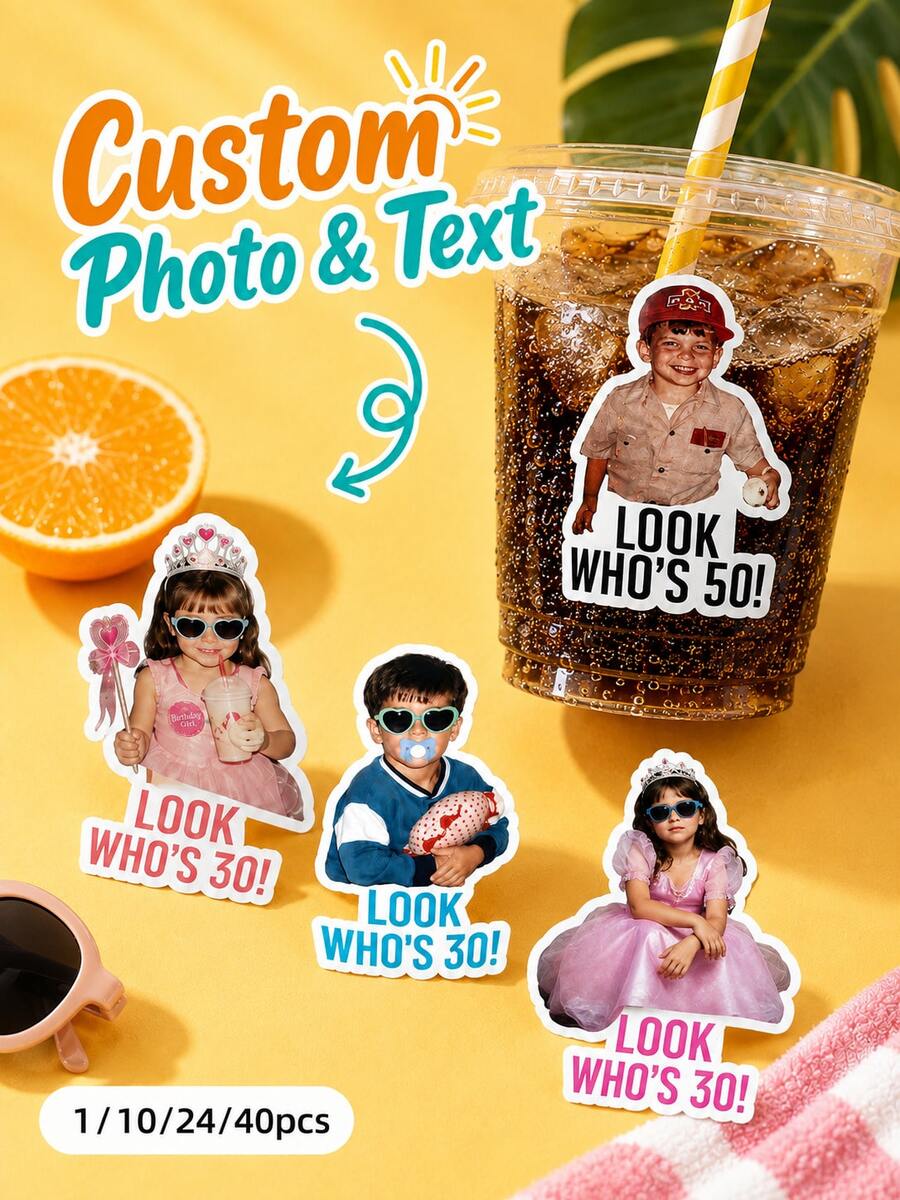 Customizable Photo & Text Waterproof PVC Stickers, Multiple Sizes, Graduation Party, Bachelor Party, Wedding Party, Back To School, Christmas, Halloween, Anniversary, Birthday - Multicolor - View 1