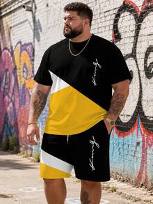 Men's Casual Street Style Sports Set - Plaid Patchwork "King" Graphic Design, Polyester Knit Fabric, Round Neck, Drawstring Shorts, Pockets, Regular Fit, Plus Size - Multicolor - View 1