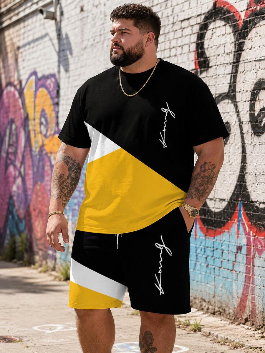 Men's Casual Street Style Sports Set - Plaid Patchwork "King" Graphic Design, Polyester Knit Fabric, Round Neck, Drawstring Shorts, Pockets, Regular Fit, Plus Size - Multicolor - View 1