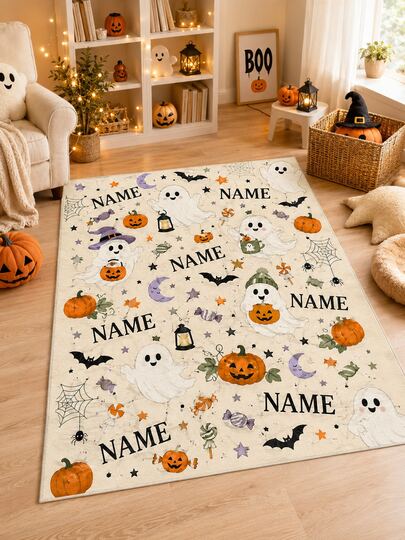 Personalized Multiple Name Cute Ghost Flannel Rug Halloween Back To School Thanksgiving New Year Personalized Flannel Material Area Rugs Custom Rug Personalized Rug Carpet Family Friends Living Room Bedroom Home Decor