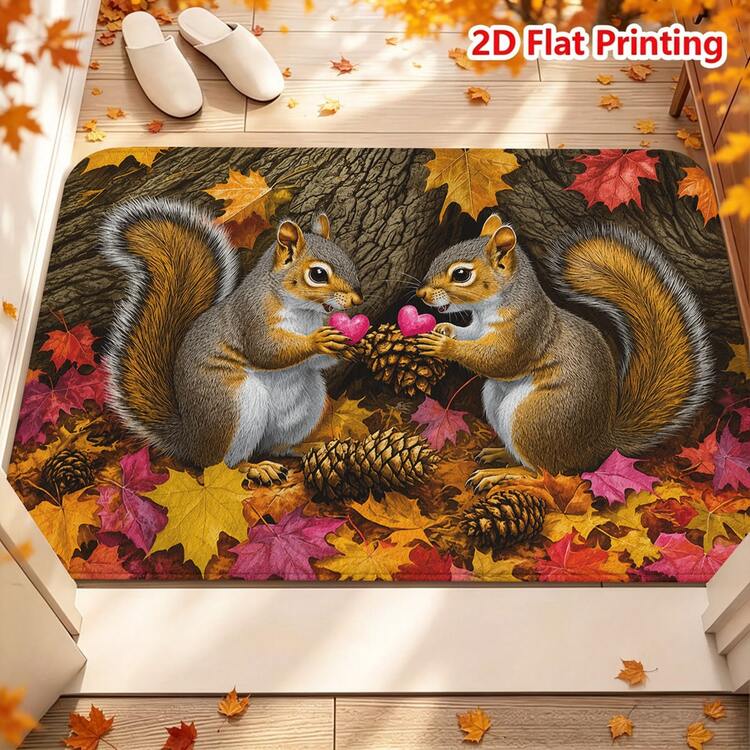 1/2pcs Autumn Door Mat, Autumn Squirrel Heart Maple Leaf Pattern Flannel Door Mat, Comfortable Soft Absorbent Non-Slip Machine Washable, Multi-Functional Home Entrance Carpet Kitchen Bathroom Hallway Mat, Thanksgiving Holiday Decor Mat - Multicolor - View 1