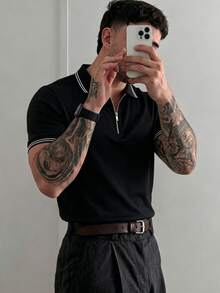 男士夏季時尚正肩拉鍊短袖POLO衫，適合商務通勤與日常穿著 - 黑色 - 查看 2