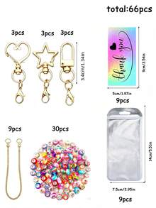 22/66PCS Creative Heart, Star, Door Knob Shaped Keychain Set With Mini Lobster Clasp, Includes Connecting Chain, Cardboard Packaging Bag, Random Style Beads, DIY Key Ring, Key Chain For Music Festival, Back To School, Holiday Gift - DIY - View 10