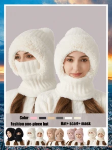 6 Colores Estilo Coreano Pasamontañas Todo en Uno de Punto, Conjunto de Gorro Bufanda Máscara Facial 3 en 1 Forrado de Felpa, Ribete de Piel, Talla Única Elástica, Resistente al Viento Cálido Invierno Ciclismo Esquí Navidad Exterior Uso Diario Gorro Cálido - Multicolor - Ver 12