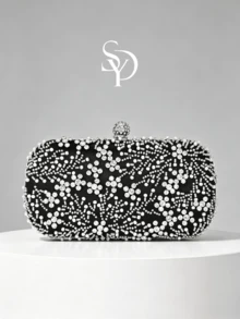 1pc Black Heavy Beaded Evening Clutch Bag, Silver White Pearl Rhinestone Woven Pattern, Spherical Full Rhinestone Lock, Hard Shell Box Shape, Detachable Chain, Party Wedding Evening Dress Matching Clutch - Black - View 1