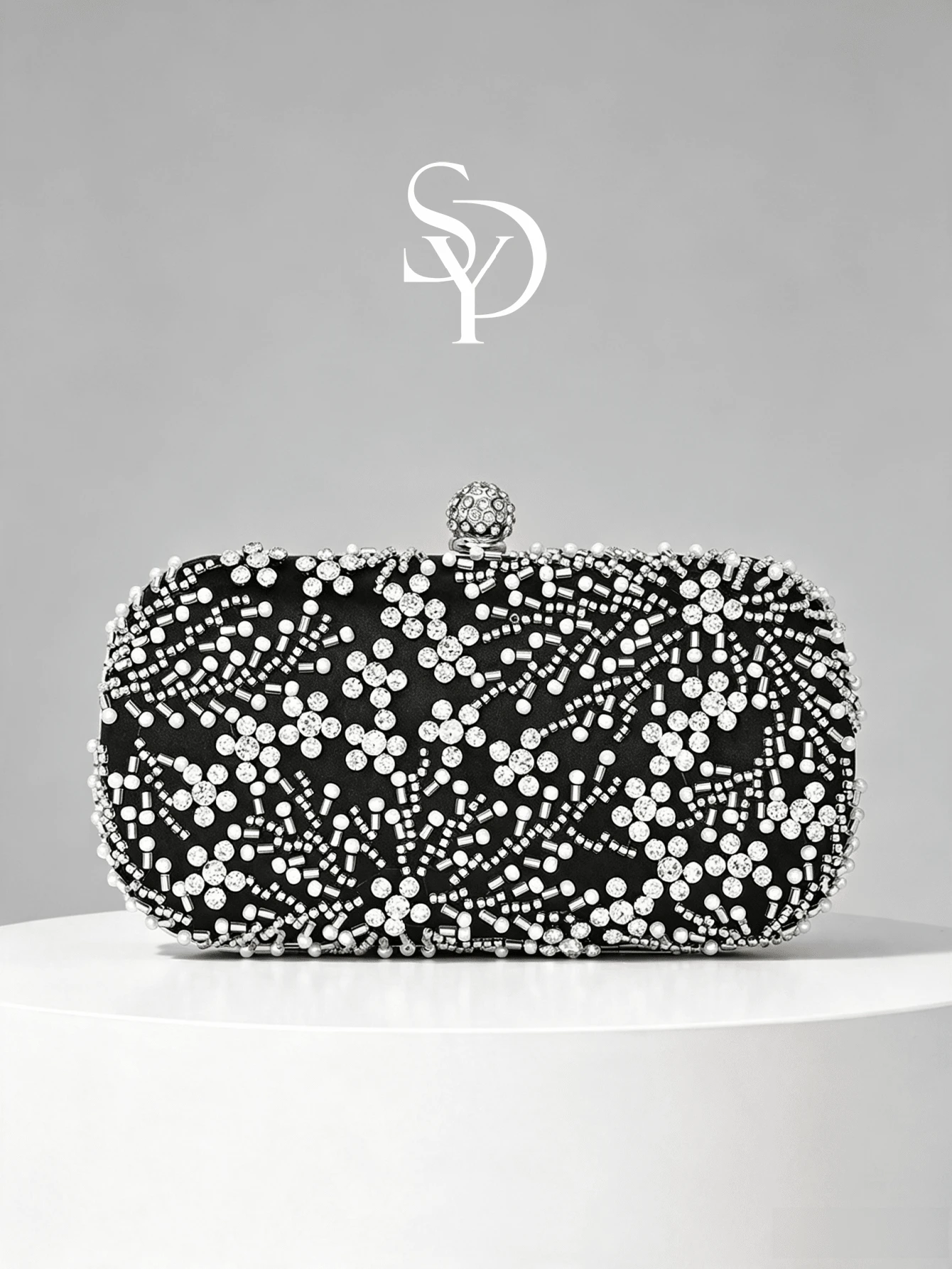 1pc Black Heavy Beaded Evening Clutch Bag, Silver White Pearl Rhinestone Woven Pattern, Spherical Full Rhinestone Lock, Hard Shell Box Shape, Detachable Chain, Party Wedding Evening Dress Matching Clutch - Black - View 1
