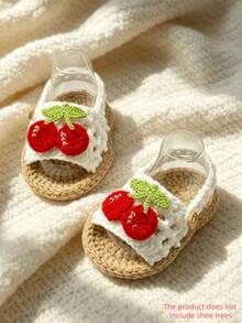 1 Pair Handmade Crochet Infant Sandals With Cherry Applique, White And Tan, Infant Summer Shoes - White - View 7