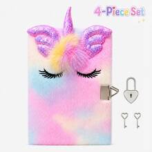 Cute Rainbow Unicorn Faux Fur Diary, Locked Notebook, Fluffy Kawaii Style Notebook With Shiny Sequin Unicorn Horn And Wings, Stud, First Day Of School - Multicolor - View 1