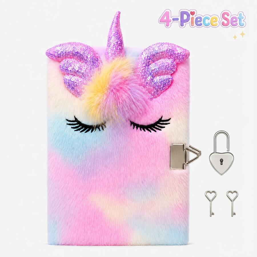 Cute Rainbow Unicorn Faux Fur Diary, Locked Notebook, Fluffy Kawaii Style Notebook With Shiny Sequin Unicorn Horn And Wings, Stud, First Day Of School - Multicolor - View 1