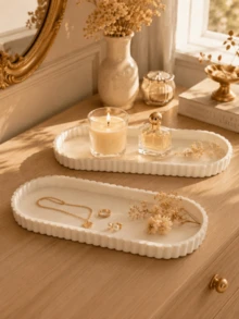 Flexible Cream White Ribbed Jewelry Tray, Elegant Rectangular Decorative Storage Dish, Suitable For Rings, Necklaces, Bracelets, Perfume And Vanity Decor, Women's Gift, Room Decoration, Jewelry Storage, Jewelry Rack, Vanity Organizer - Multicolor - View 9