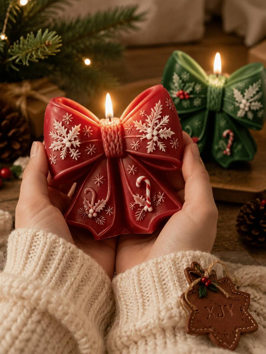 Candy Cane Holly Bow Silicone Mold, Christmas Theme Bow Shape Mold, Flexible And Easy To Remove, Perfect For DIY Holiday Candles, Wedding And Christmas Gift Decorations