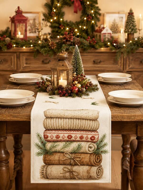 Camino de mesa de suéter de punto vintage con acuarela, estampado de rama de pino y lazo de cuerda de cáñamo, estilo nórdico minimalista, mantel de mesa de comedor para otoño/invierno y Navidad, decoración de escritorio para restaurante y hogar