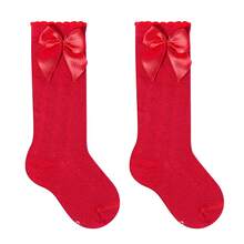 Girls' 3/4 Knee-High Party Socks With Satin Bow, 16-33, For Baptism, Wedding, Flower Girl, Social, Dance, Events, Elegant, School - 2 紅色 - 查看 1