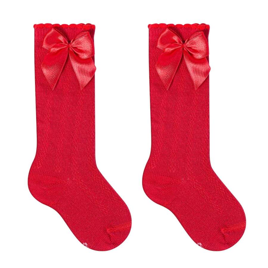 Girls' 3/4 Knee-High Party Socks With Satin Bow, 16-33, For Baptism, Wedding, Flower Girl, Social, Dance, Events, Elegant, School - 2 紅色 - 查看 1