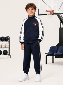 Balabala Tween Boy Cute Daily Wear Letter Print Zipper Front Jacket And Pants Set, Spring 2026 - Blue and White - View 2
