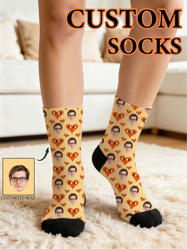 1 Pair Unisex Customized Face Print Mid-Calf Socks, Beige With Black Toe, Soft Knitted Fabric, Personalized Heart Pattern, Casual Daily Gift Socks