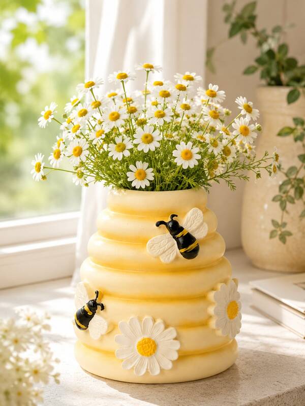 Honeycomb Resin Planter - Cute Daisy & Bee Decorated Pot, Suitable For Succulents, Herbs And Flowers, Perfect For Patio, Balcony And Garden Table. Add Cheerful Spring Charm To Your Outdoor Space, Planter, Plant Pot, Spring Decor, Home Decor, Vase, Garden