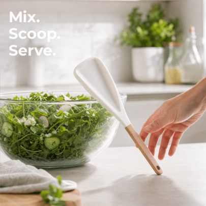 Silicone Salad Spatula With Wooden Handle, Hanging‑Design Mixing Turner For Salad Mixing & Portion Serving