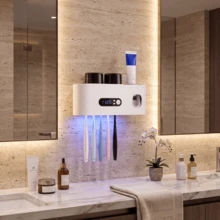 Smart Toothbrush Sterilizer (1 Unit) - USB Charging + Clock - 5-Slot Storage Brush Holder - Includes 2 Cups + Automatic Toothpaste Dispenser - Modern Bathroom Plastic Storage Rack For Dental Hygiene Essentials - White (applies to Smooth Walls Only) - View 1