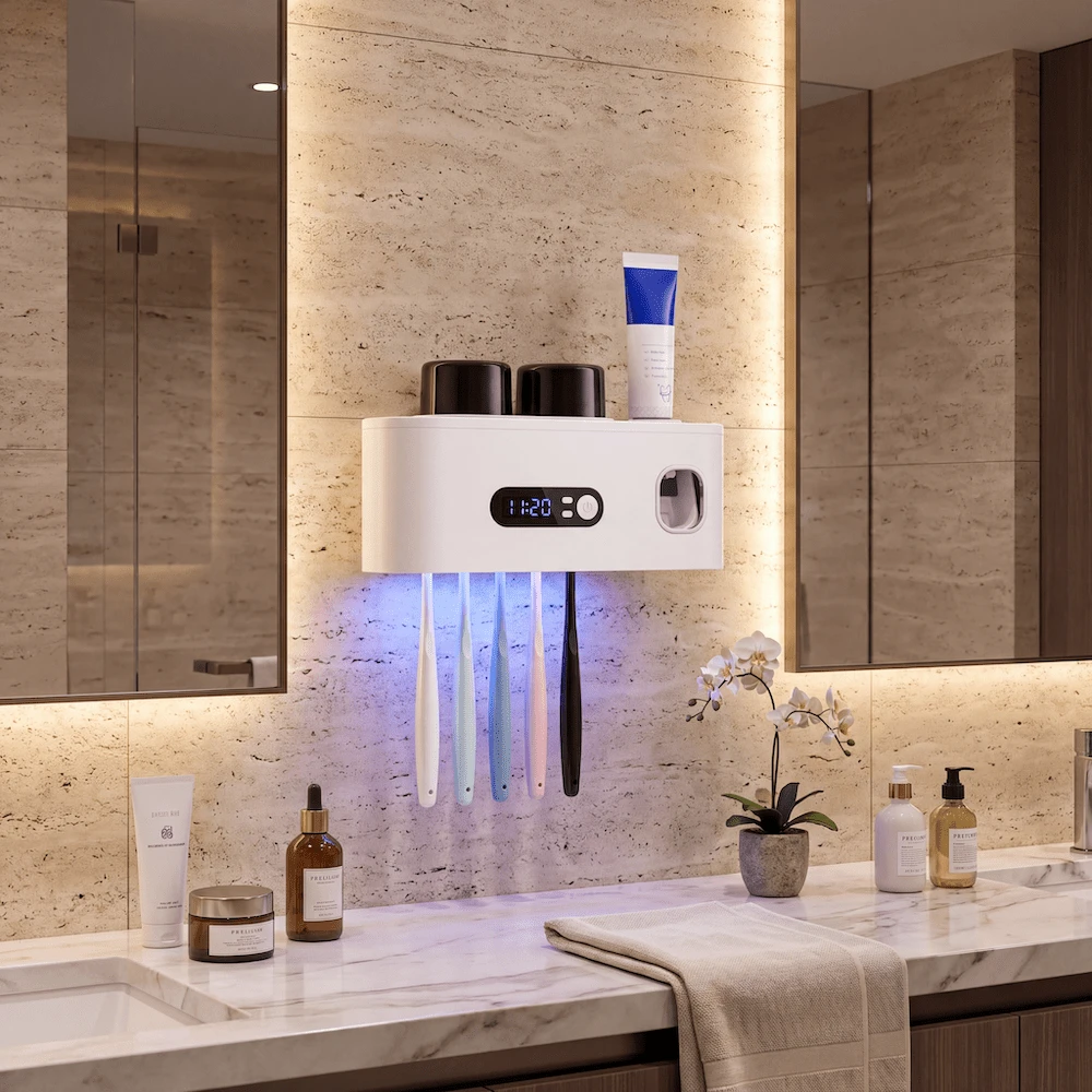 Smart Toothbrush Sterilizer (1 Unit) - USB Charging + Clock - 5-Slot Storage Brush Holder - Includes 2 Cups + Automatic Toothpaste Dispenser - Modern Bathroom Plastic Storage Rack For Dental Hygiene Essentials - White (applies to Smooth Walls Only) - View 1