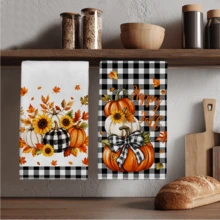 2件組黑白格紋向日葵疊加南瓜 Happy Fall 印花廚房抹布洗碗布，超細纖維聚酯材質，楓葉蝴蝶結南瓜裝飾手巾，感恩節居家裝飾、廚房裝飾、秋季裝飾，適用於餐廳廚房家居裝飾與送禮，40*60cm/45*70cm - 彩色 - 查看 1