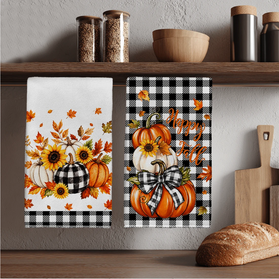 2件組黑白格紋向日葵疊加南瓜 Happy Fall 印花廚房抹布洗碗布,超細纖維聚酯材質,楓葉蝴蝶結南瓜裝飾手巾,感恩節居家裝飾、廚房裝飾、秋季裝飾,適用於餐廳廚房家居裝飾與送禮,40*60cm/45*70cm - 彩色 - 查看 1