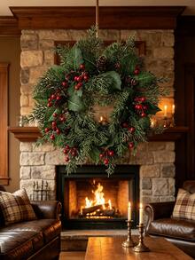 2pcs/1pc Artificial Plants, Artificial Christmas Pine Wreath, Faux Greenery Hanging Wreath Featuring Artificial Berries And Pine Cones, Christmas Decoration, Suitable For Home Wall Decor, Front Door, Indoor/Outdoor Decor, Window, Wall, Home Party, Holiday Party Arrangement, Winter, Christmas Home Decor, Christmas, Table Centerpiece Decor, Fireplace Decor, Outdoor Decor, Garden Decor, Scene Arrangement - Dark Green - View 4