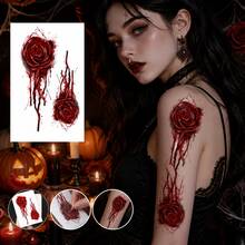 4 piezas de pegatinas de tatuaje temporal de rosa de sangre de Halloween, patrón de rosa gótica oscura con goteo, arte corporal unisex para cosplay, fiesta, actuación, decoración, brazo, muñeca, clavícula, accesorios para fotos, estilo oscuro, efecto de gota de sangre 3D, fiesta de verano, festival de música, rosa sangrienta de terror oscuro unisex, efecto fotográfico de atmósfera fuerte - Multicolor - Ver 3