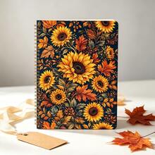 1PC A5 Sunflower Autumn Floral Spiral Notebook, 50 Pages/25 Sheets, Dark Blue Warm Yellow Sunflower Maple Leaf Berry And Vintage Botanical Design Journal For Daily Writing, Study Notes, Seasonal Records And Floral Theme Gifts - A5 - View 2