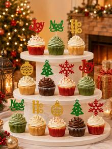 24PCS Gold Glitter Xmas Cake Toppers, Christmas Cupcake Picks In 6 Festive Designs, Holiday Party Dessert & Baking Decorations - Style a - View 2
