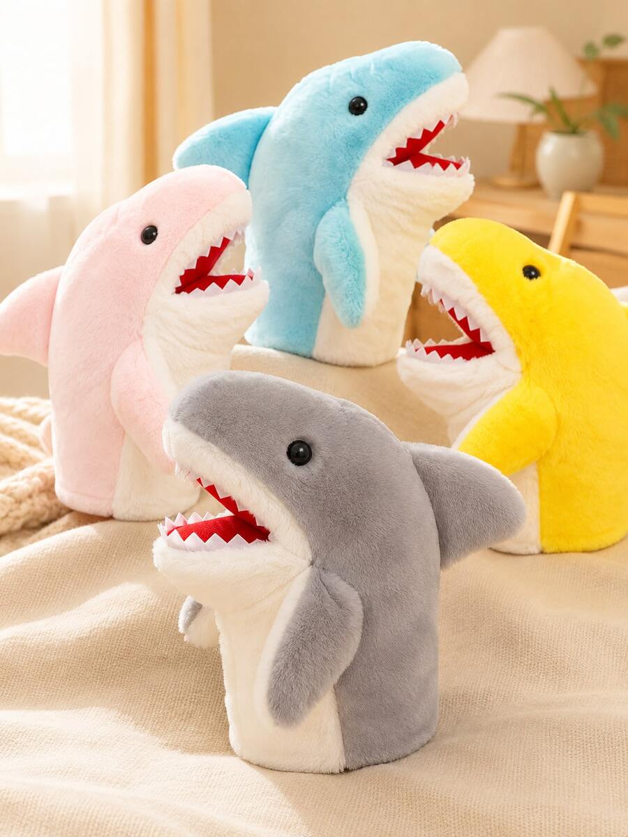 1件熱門鯊魚手偶手套,趣味惡搞互動式嘴部可動毛絨玩具,適合親子表演與腹語表演 - 彩色 - 查看 1