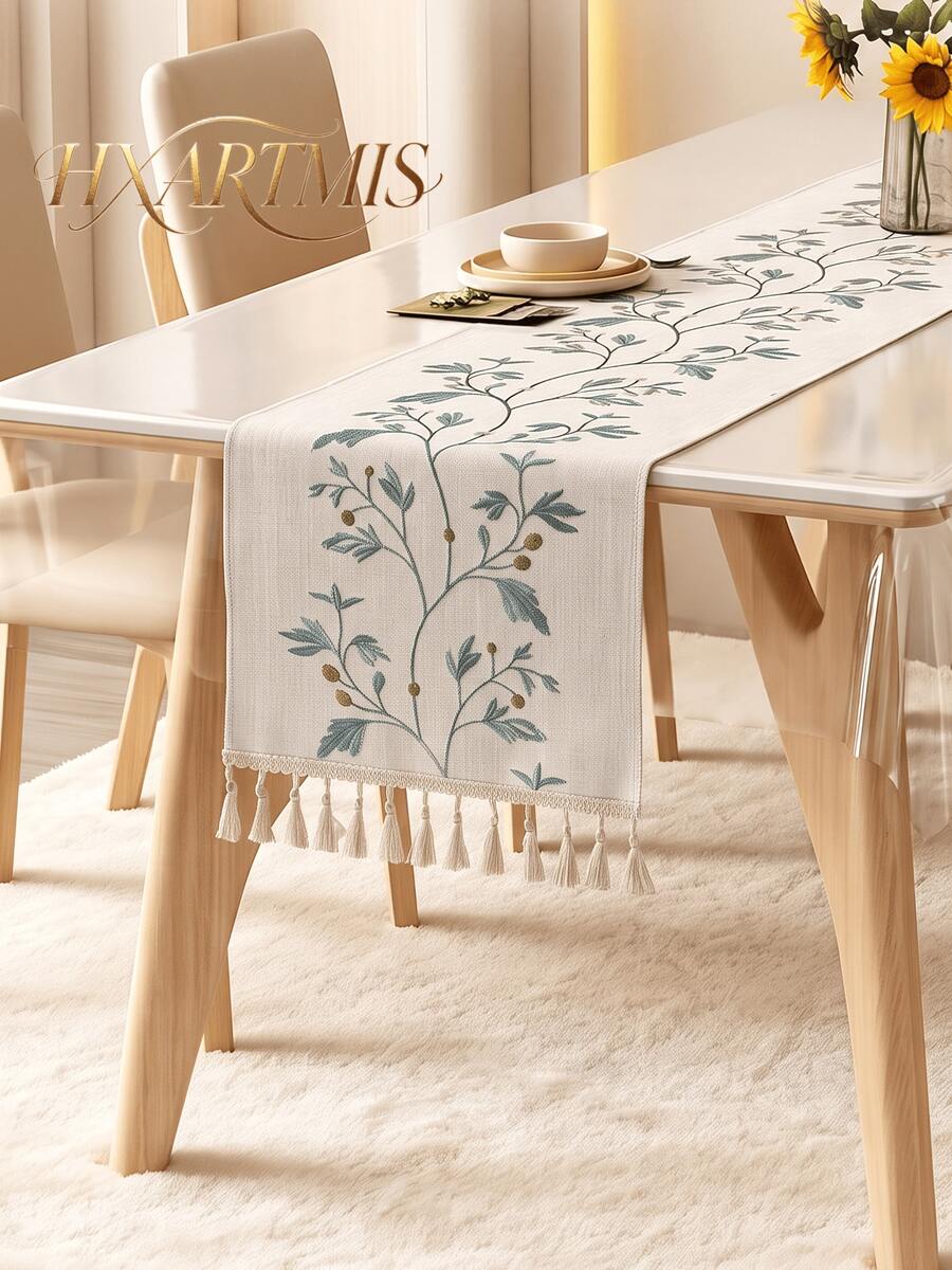 HXARTMIS 1pc Faux Linen Embroidered Floral Table Runner With Tassels, Pastoral Green Leaf And Vine Pattern, Washable Long Tablecloth, Suitable For Dining Room, Coffee Table, Wedding, Party And Home Decor - Baby Blue - View 1
