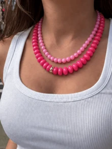 2/1pc Fashion Elegant Graceful Casual Vintage Fairy Style Pink Blue Green Geometric Pattern Resin Beaded Necklace Set For Women, Vacation Party Date Travel Shopping Beach Seaside Banquet Daily Wear Versatile Combination - Pink - View 1