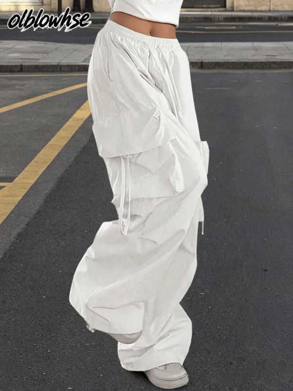 Pantalones cargo con cintura alta, bolsillo con solapa, cintura con cordón, dobladillo elástico, pierna suelta y plisada, estilo paracaídas, para uso urbano, festival de música Y2K, color blanco, primavera