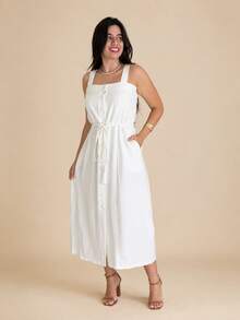 Vestido Midi Plus Size Feminino Lyocell com Botões Frontais, Amarração na Cintura e Bolsos Laterais - Branco - Visão 5