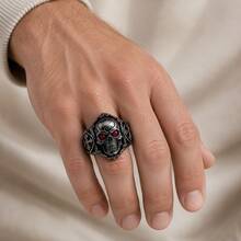 1pc Skull Cross Ring, Unisex Gothic Style Red Eye Skull Ring, Vintage Cross Pattern, Halloween Cosplay Streetwear Party Accessory Gift - Gun Black - View 5