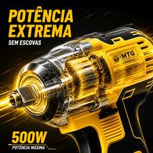 Chave de Impacto Sem Fio MTG 88V Motor Sem Escovas, Torque Máximo 500N.m, 2 Velocidades Ajustáveis, 2 Baterias Li-ion 1300mAh com Visor de Carga, Encaixe 1/2", Maleta Inclusa para Mecânica e Montagem - Amarelo - Visão 3