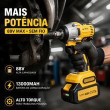 Chave de Impacto Sem Fio MTG 88V Motor Sem Escovas, Torque Máximo 500N.m, 2 Velocidades Ajustáveis, 2 Baterias Li-ion 1300mAh com Visor de Carga, Encaixe 1/2", Maleta Inclusa para Mecânica e Montagem - Amarelo - Visão 7