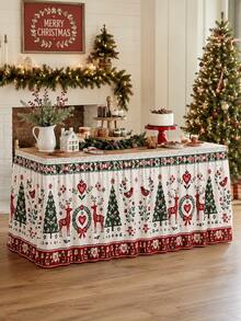 1pc Christmas Reindeer Christmas Tree Table Skirt, Nordic Country Style Polyester Red & Green Folk Floral Print Rectangular Buffet Dessert Table Cover, Suitable For Christmas Dinner, Holiday Party, New Year Home Decor - Multicolor - View 5