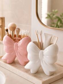 1pc Elegant Bow Design Makeup Brush Holder, Suitable For Vanity Tabletop, Cute Princess Style Cosmetic Storage Display Rack, Can Hold Brushes, Pencils, Lipsticks, Bedroom Bathroom Office Desk Decor Storage Bin - Multi-color 1 - View 2