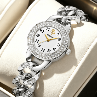 YaLaLuSi Brand 1pc Elegant Women's Quartz Watch, Exquisite Round Dial With Sleeping Position Embellishment, Rhinestone Decorated Strap, Fashionable Vintage Style, Bold Black Arabic Numerals, Intuitive, Suitable For Various Occasions Like Work, Party, Etc., Comes With Strap Adjuster, Perfect Gift For Girlfriend, Mom, Family, Best Gift For Birthday, Christmas, Valentine's Day, Mother's Day, Graduation Season, Etc.