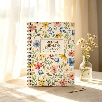 1PC A5 Mental Health Journal Watercolor Floral Spiral Notebook, 50 Pages/25 Sheets, Colorful Flower Leaf Berry And Self Care Quote Journal For Mood Tracking, Daily Writing, Study Notes And Gifts For Women